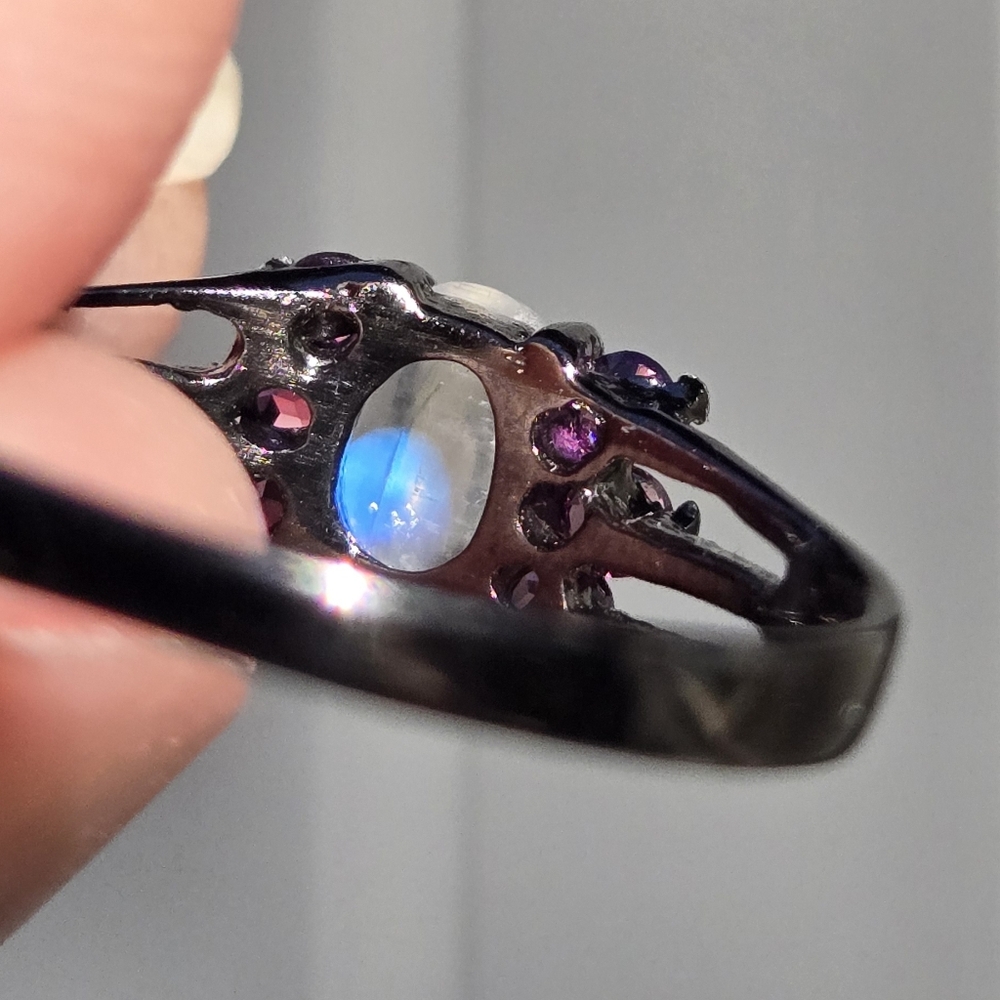 Moonstone 4k & Rhodolite Natural Gemstone Sterling & Rhodium Ring Sz6.5 - Picture 8 of 9